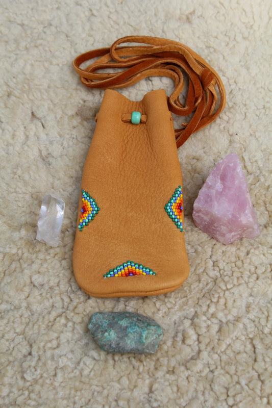 beaded leather pouch, crystal medicine bag