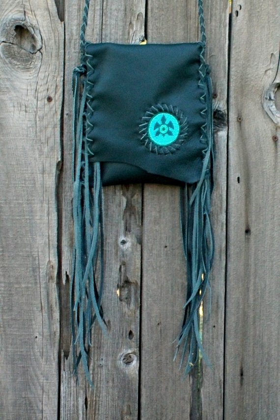 Green leather bag , Fringed leather purse with a beaded turtle , Fringed crossbody leather phone bag