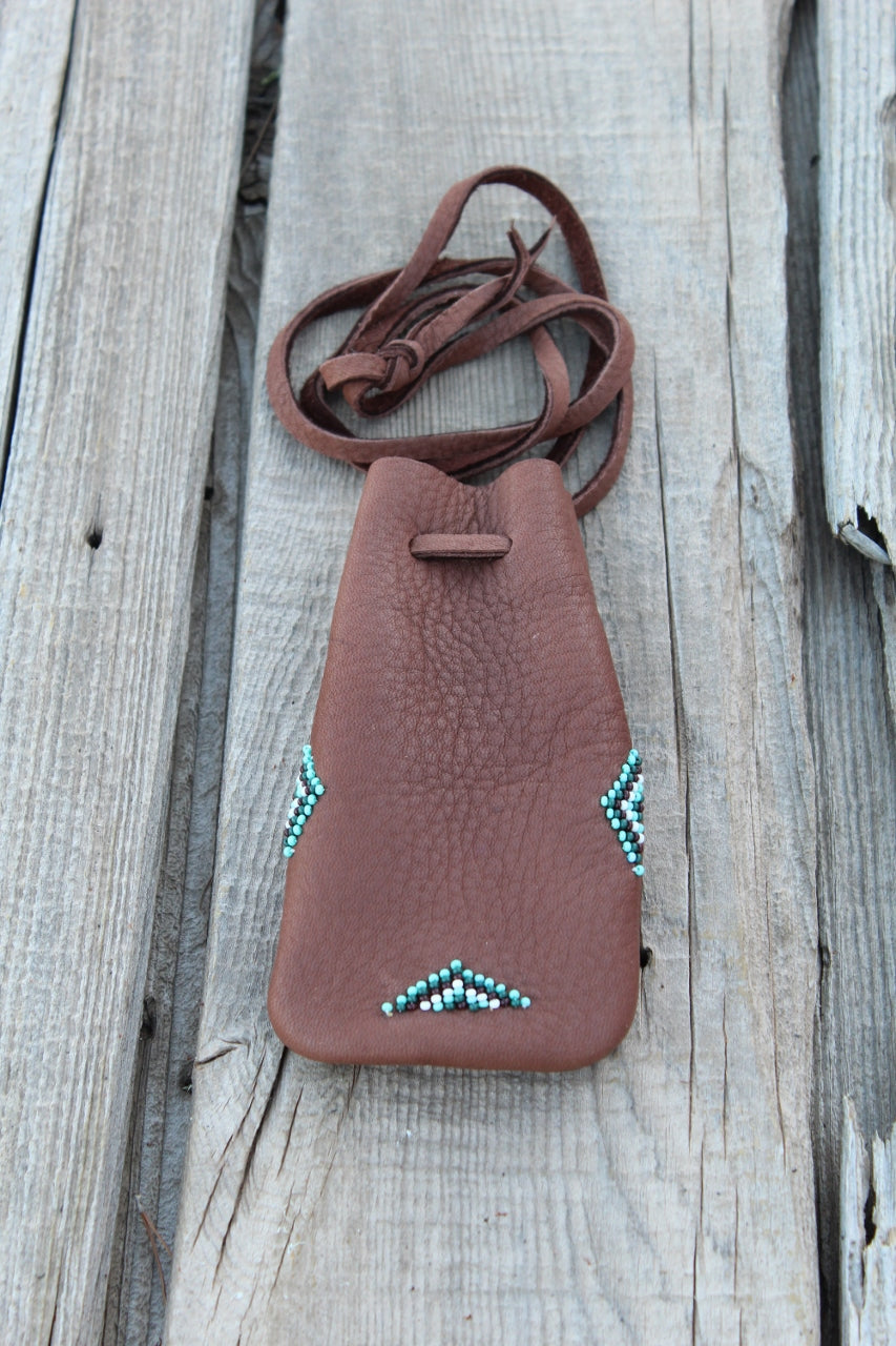 Beaded amulet bag, buckskin leather pouch