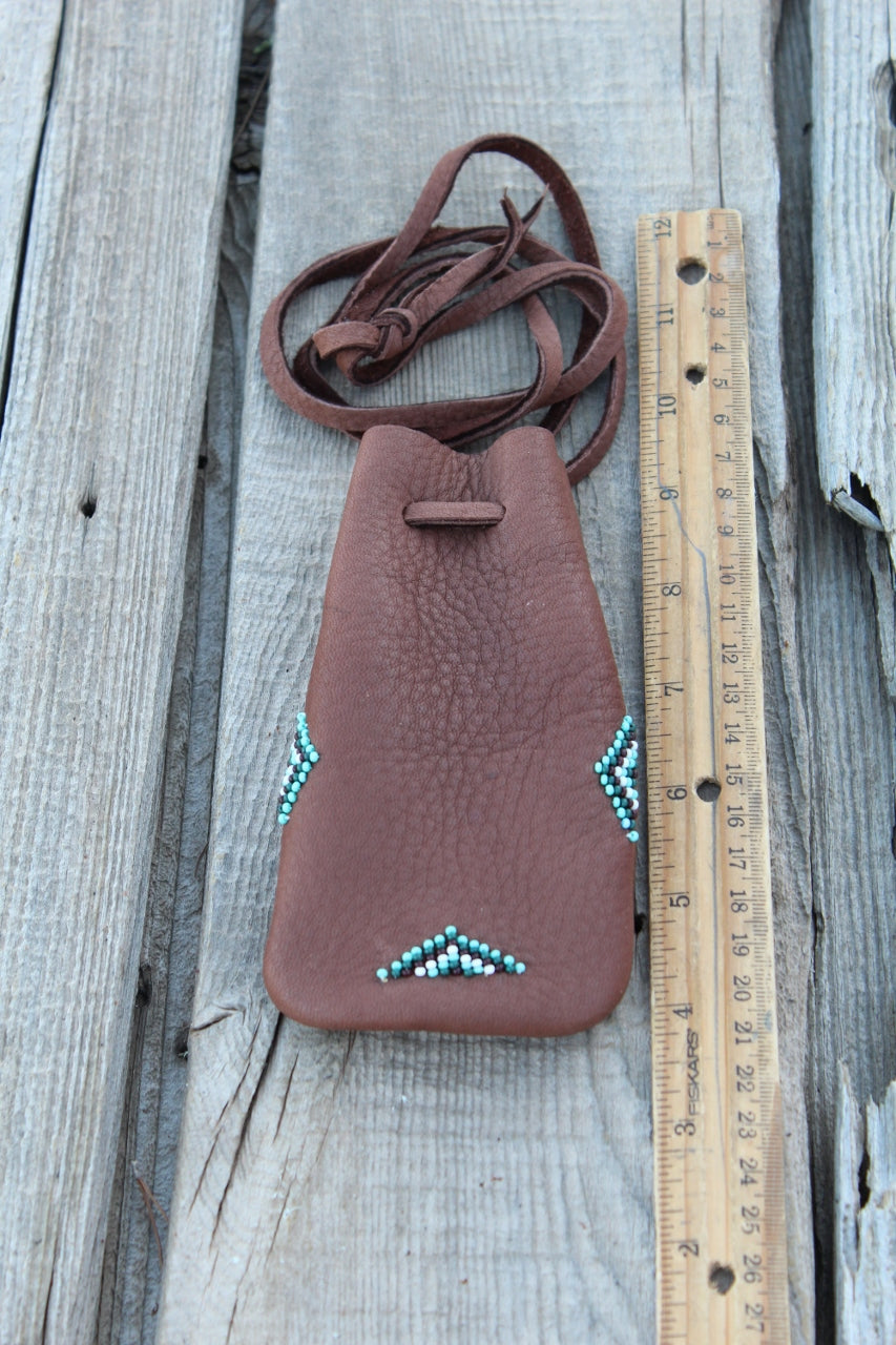 Beaded amulet bag, buckskin leather pouch