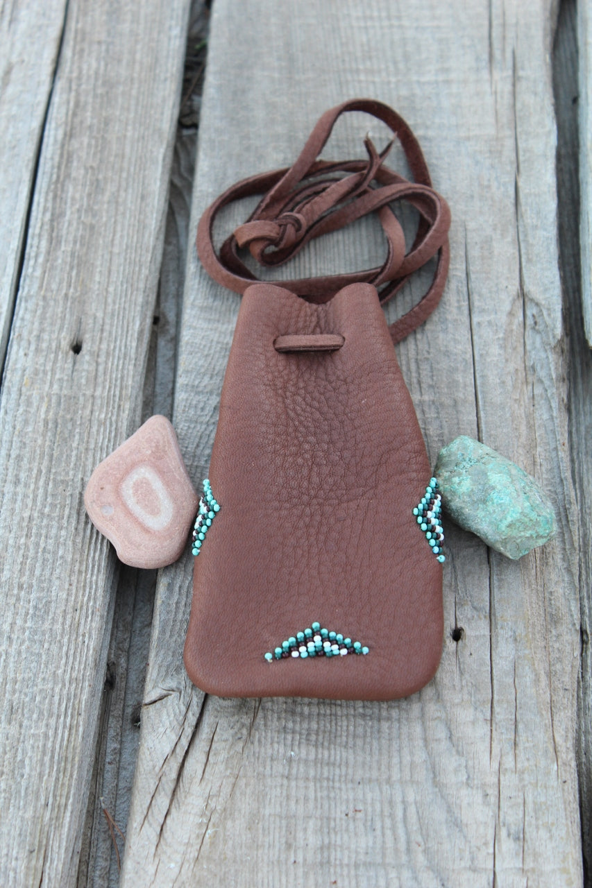 Beaded amulet bag, buckskin leather pouch