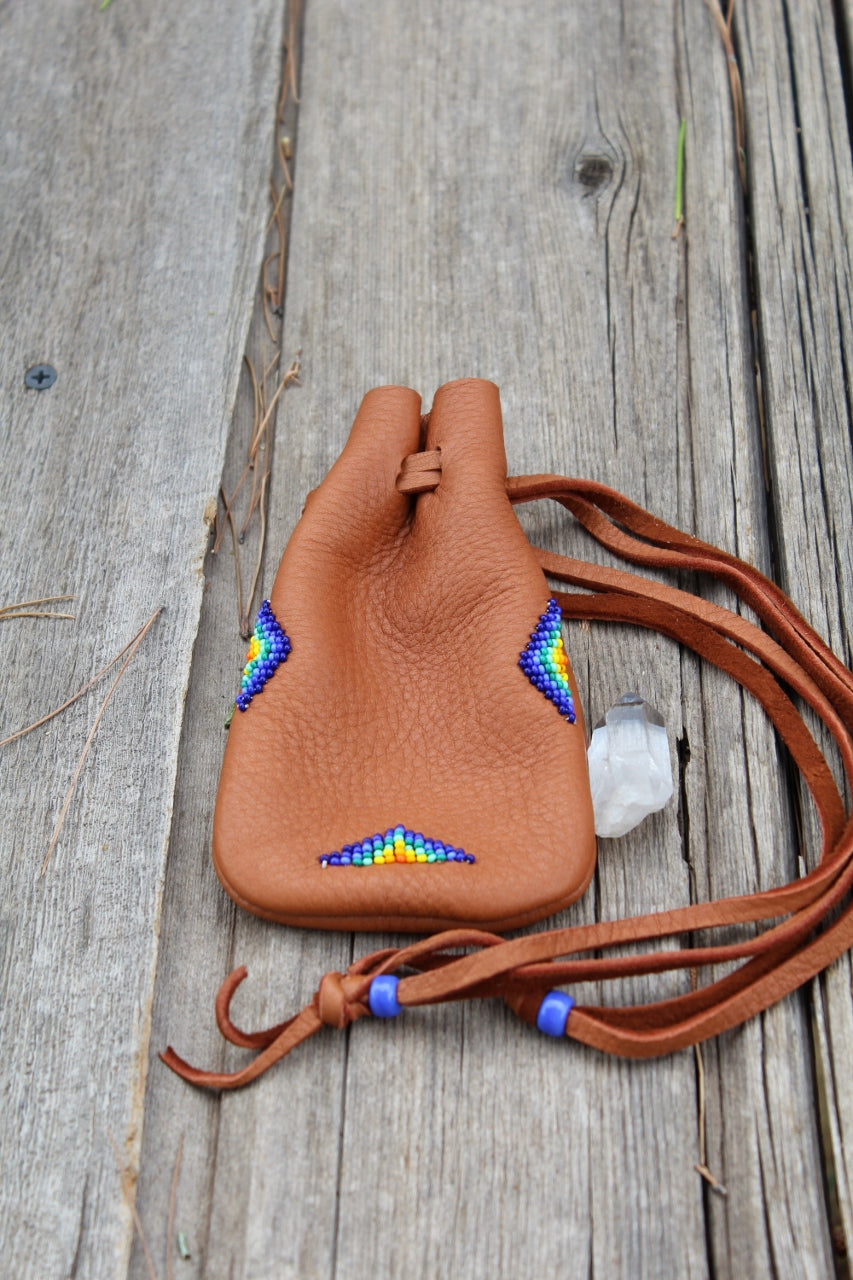 Large leather medicine bag, beaded buckskin bag