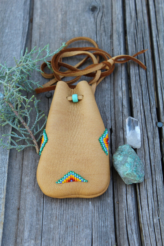 Beaded leather medicine bag, beaded leather pouch