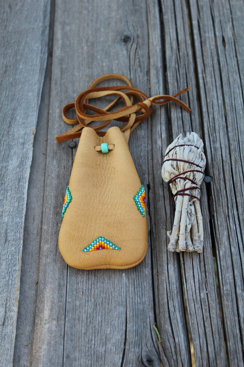 Beaded leather medicine bag, beaded leather pouch