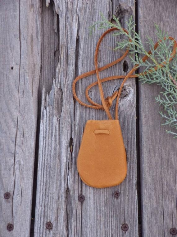 Soft leather medicine bag , Leather necklace bag , Leather crystal bag