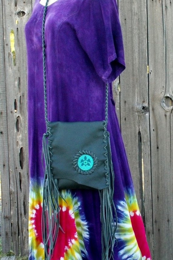 Green leather bag , Fringed leather purse with a beaded turtle , Fringed crossbody leather phone bag