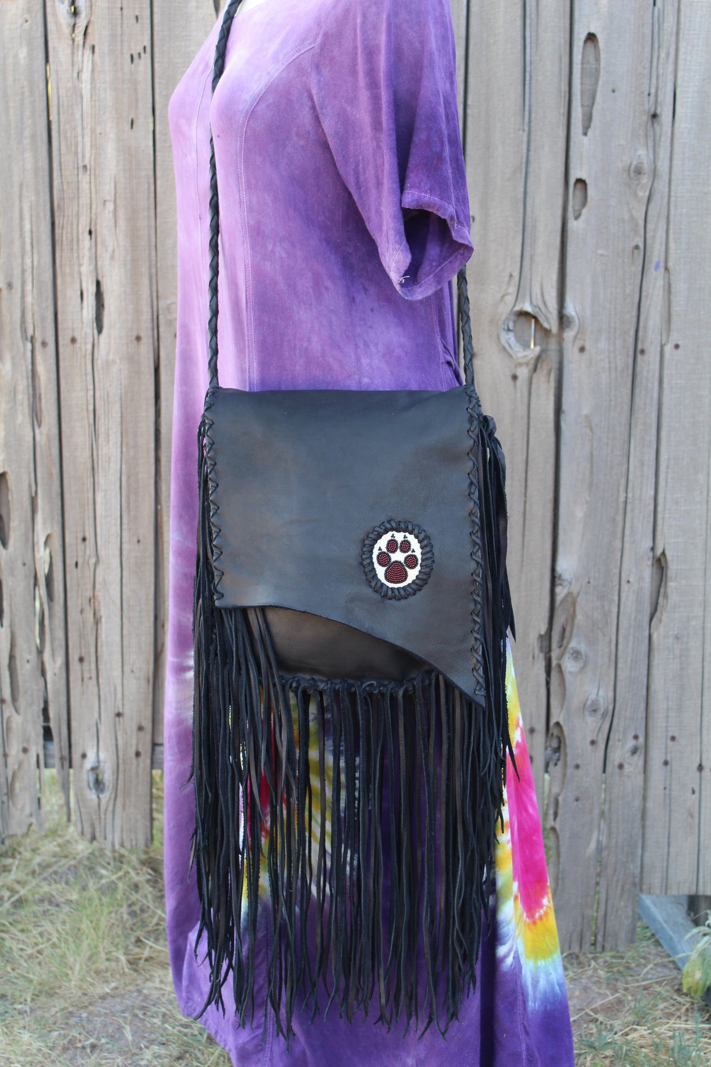 Fringed black handbag, beaded wolf paw handbag