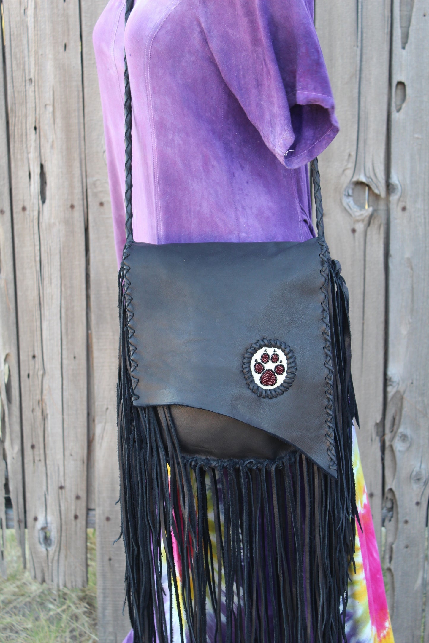 Fringed black handbag, beaded wolf paw handbag