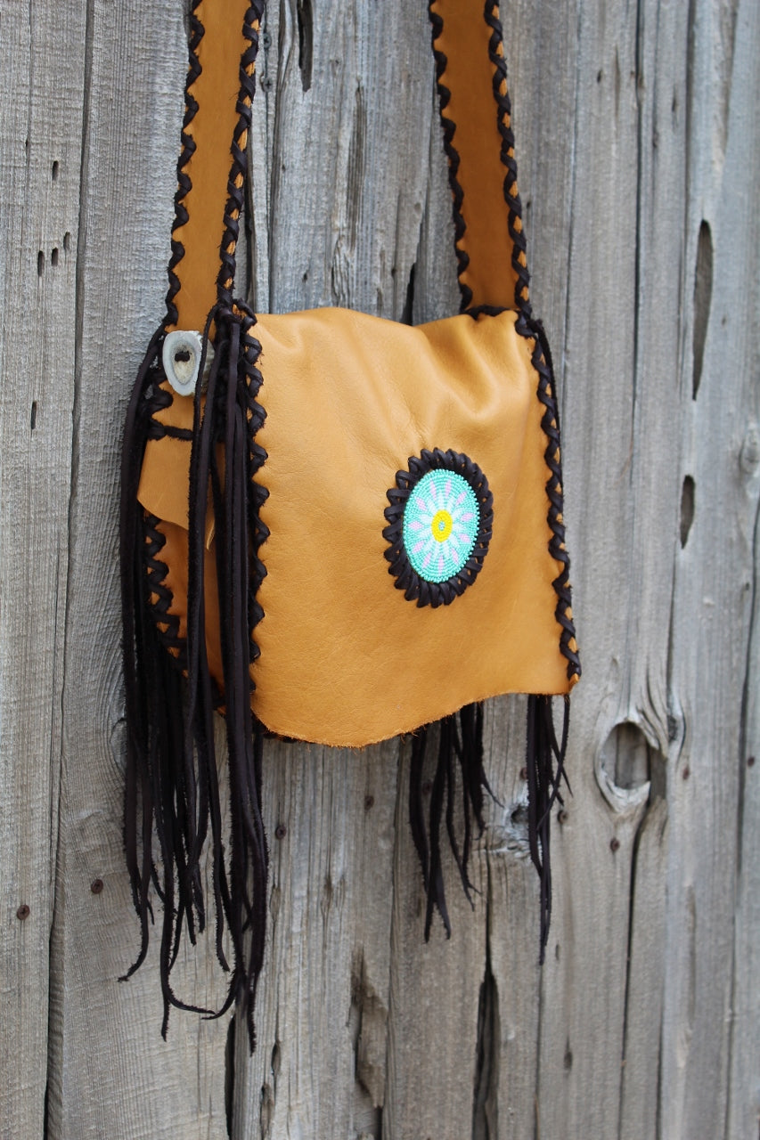 Beaded fringed leather handbag, crossbody boho purse