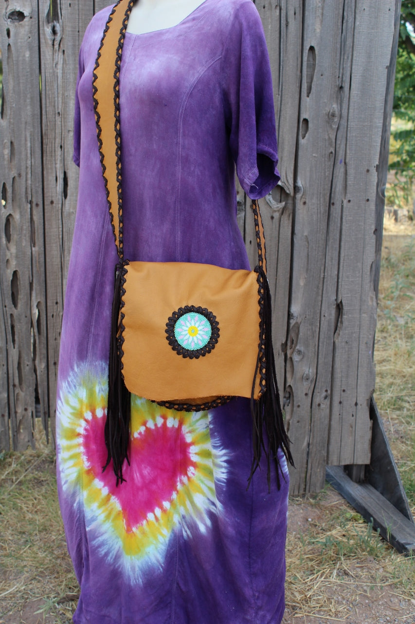 Beaded fringed leather handbag, crossbody boho purse