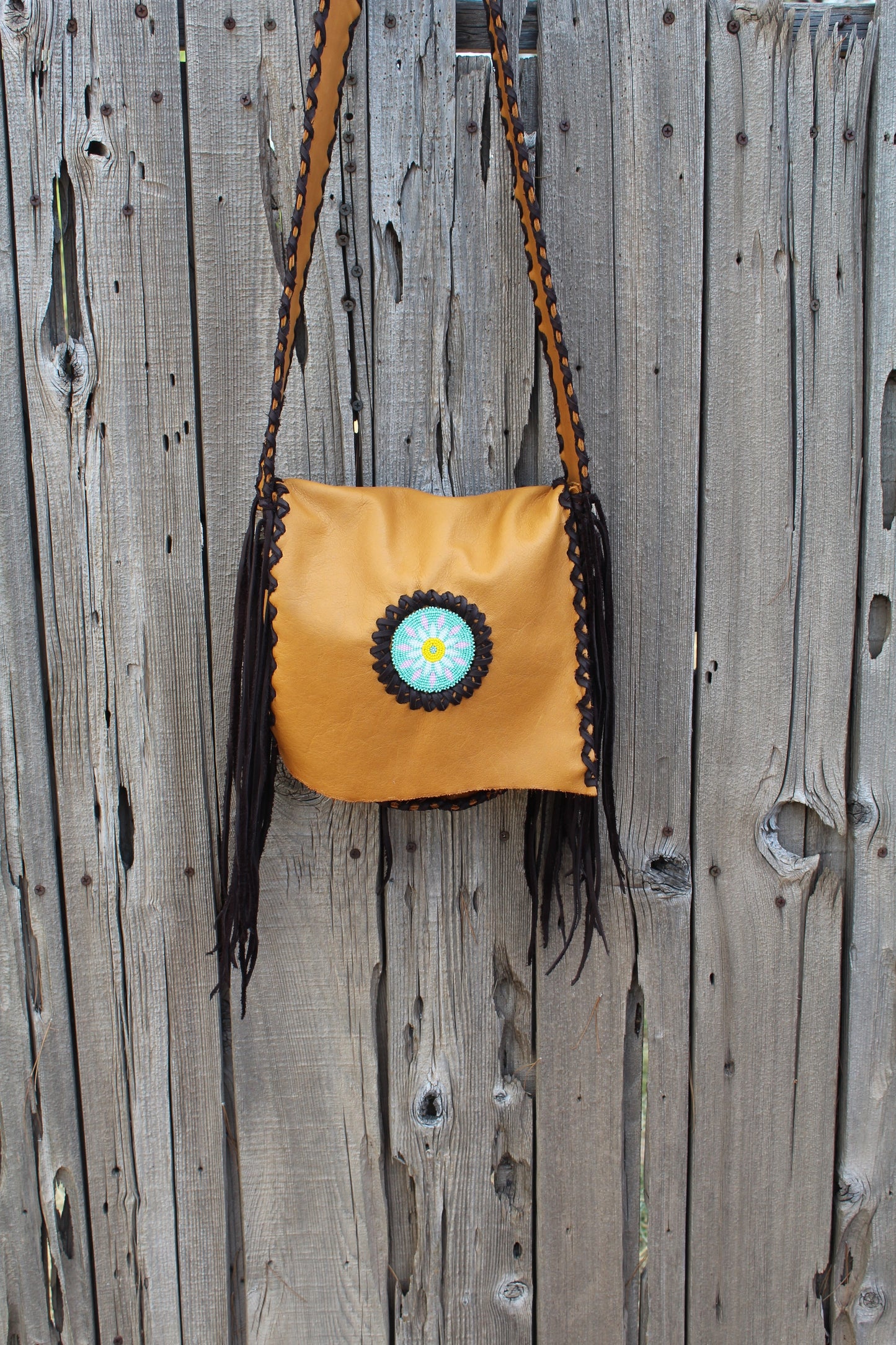 Beaded fringed leather handbag, crossbody boho purse