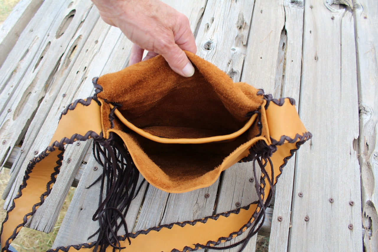 Beaded fringed leather handbag, crossbody boho purse