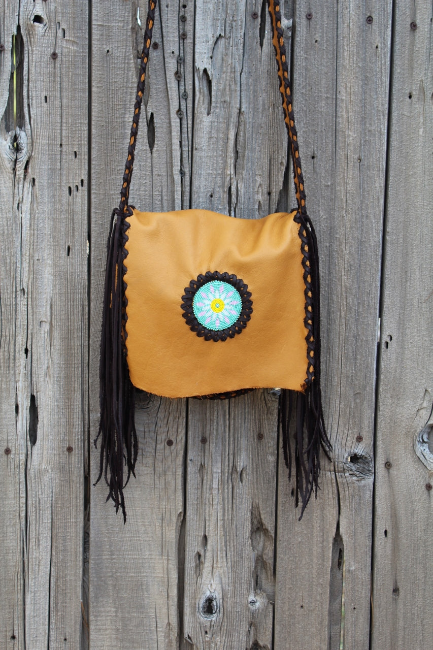 Beaded fringed leather handbag, crossbody boho purse