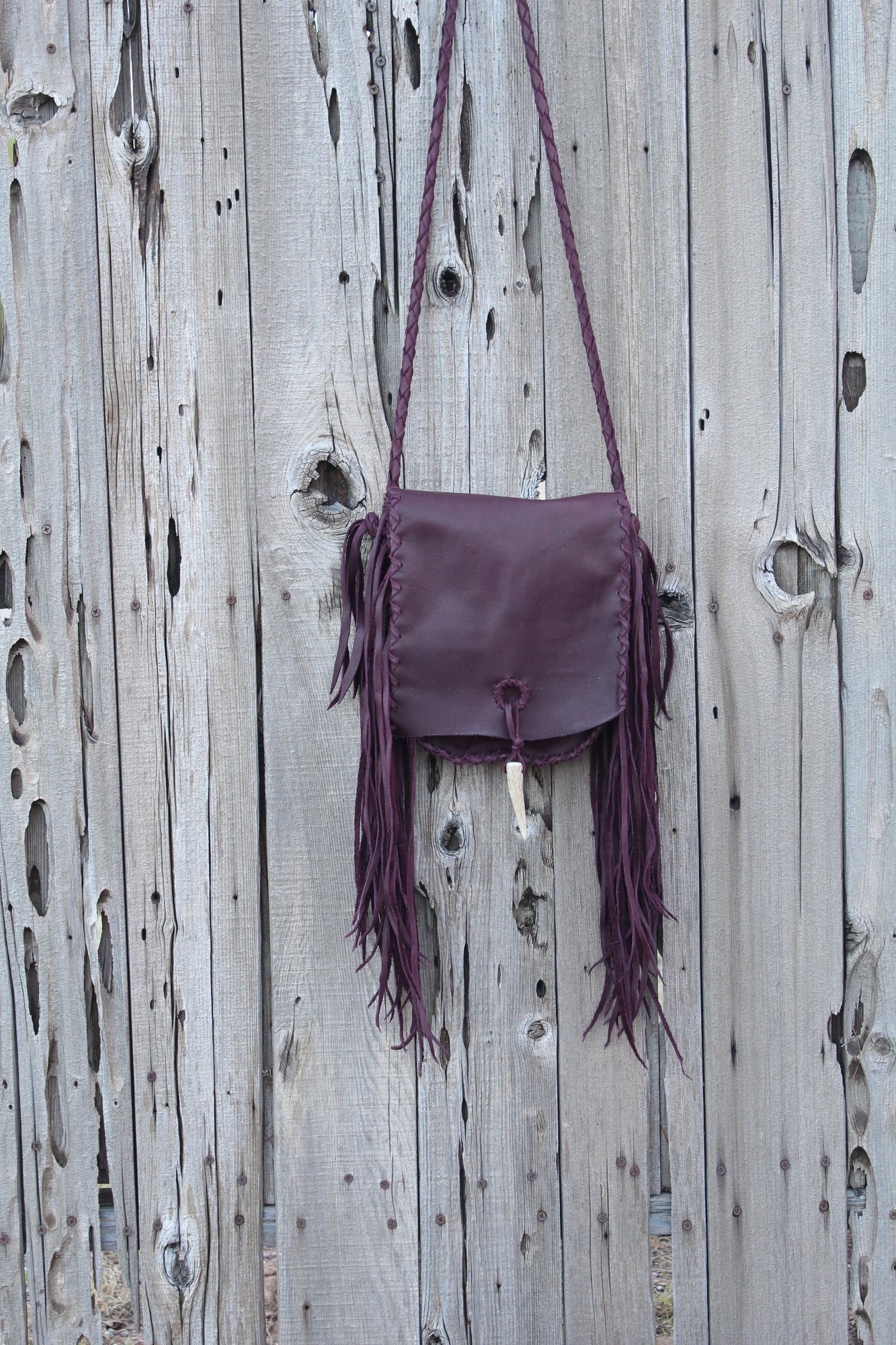 Burgundy crossbody handbag with fringe , Fringed leather purse