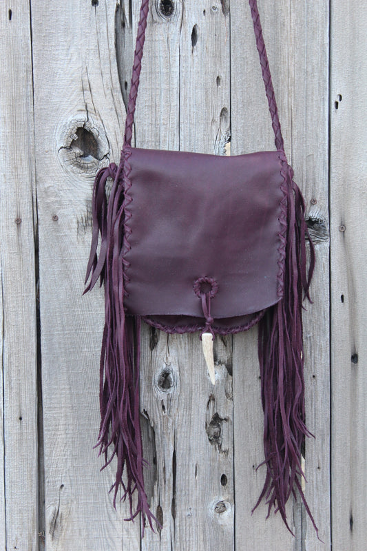 Burgundy crossbody handbag with fringe , Fringed leather purse