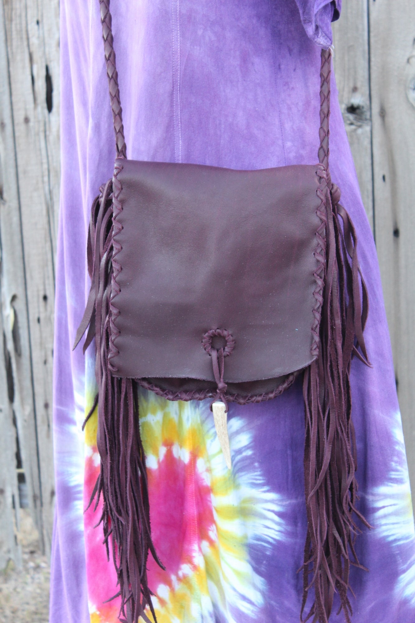 Burgundy crossbody handbag with fringe , Fringed leather purse