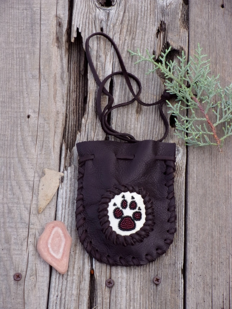 Beaded wolf paw medicine bag , leather amulet bag