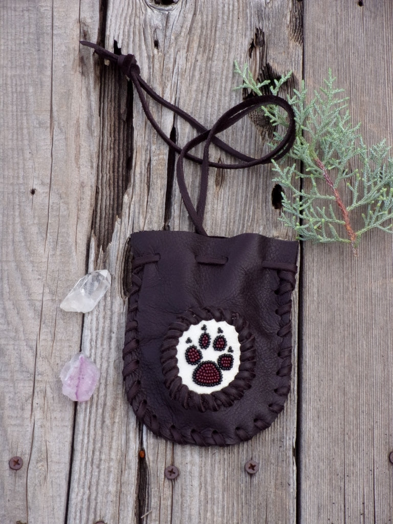 Beaded wolf paw medicine bag , leather amulet bag