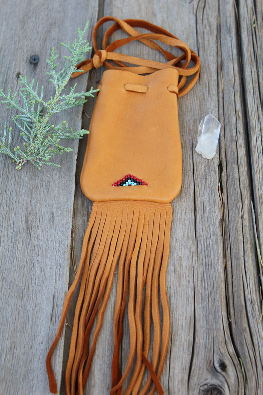 Fringed buckskin leather medicine bag, beaded amulet bag, necklace bag