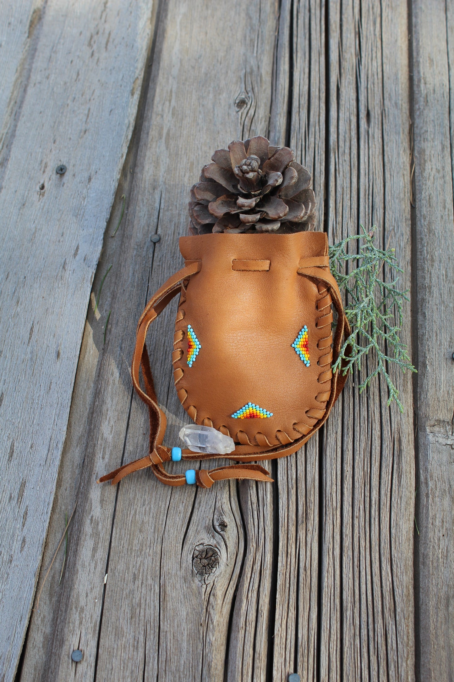 Handmade beaded medicine bag, buckskin leather pouch