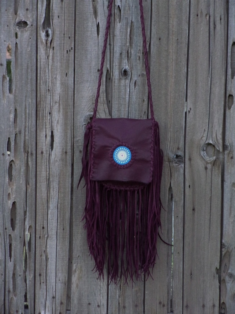 Beaded burgundy boho handbag , fringed leather purse