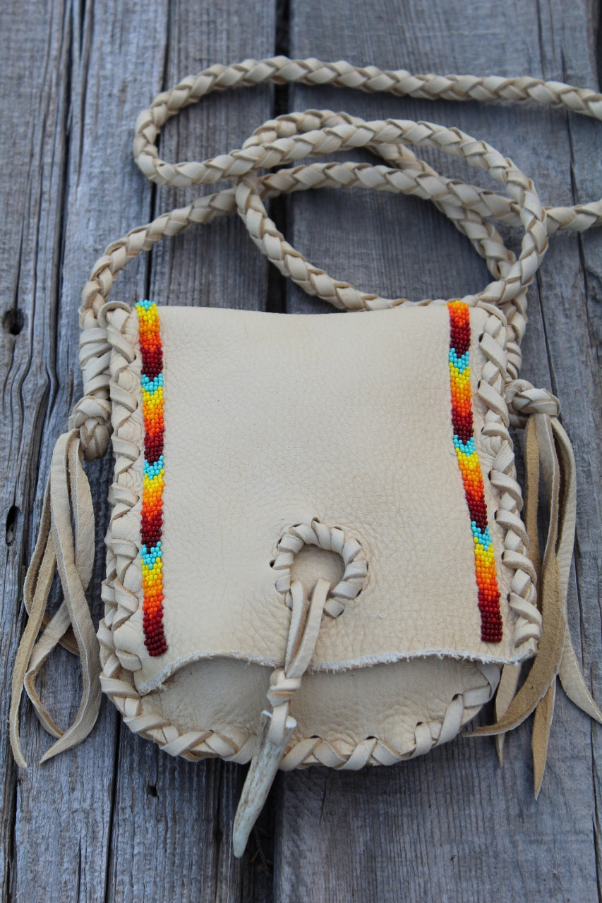 Beaded medicine bag , beaded leather bag, rainbow beadwork bag, handmade leather pouch, shamans bag