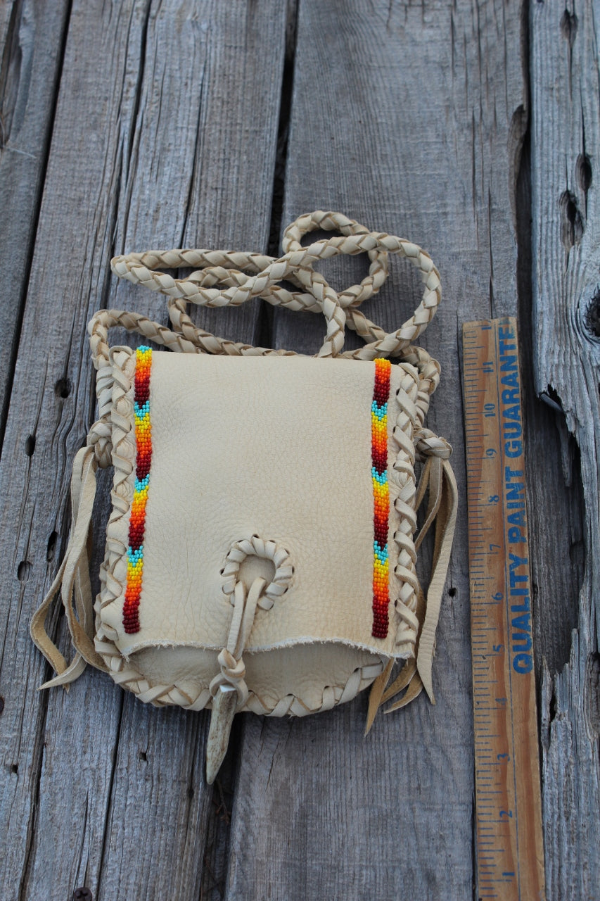 Beaded medicine bag , beaded leather bag, rainbow beadwork bag, handma