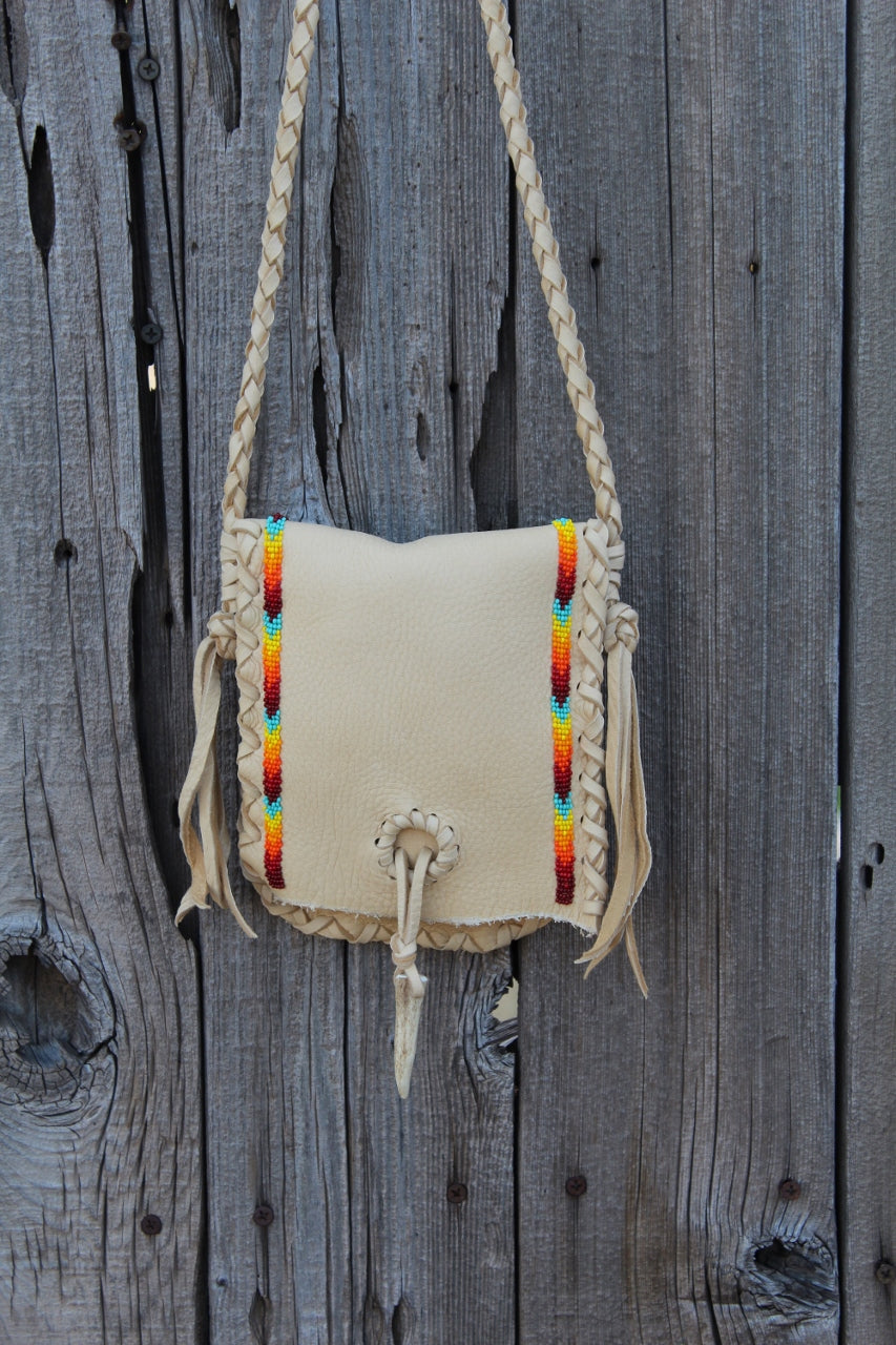 Beaded medicine bag , beaded leather bag, rainbow beadwork bag, handma