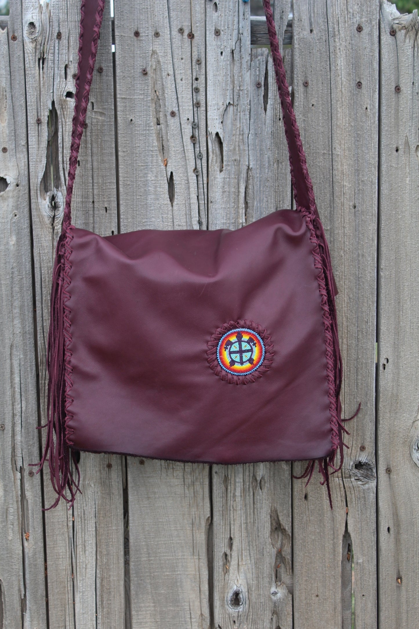 Burgundy leather messenger bag, beaded turtle handbag