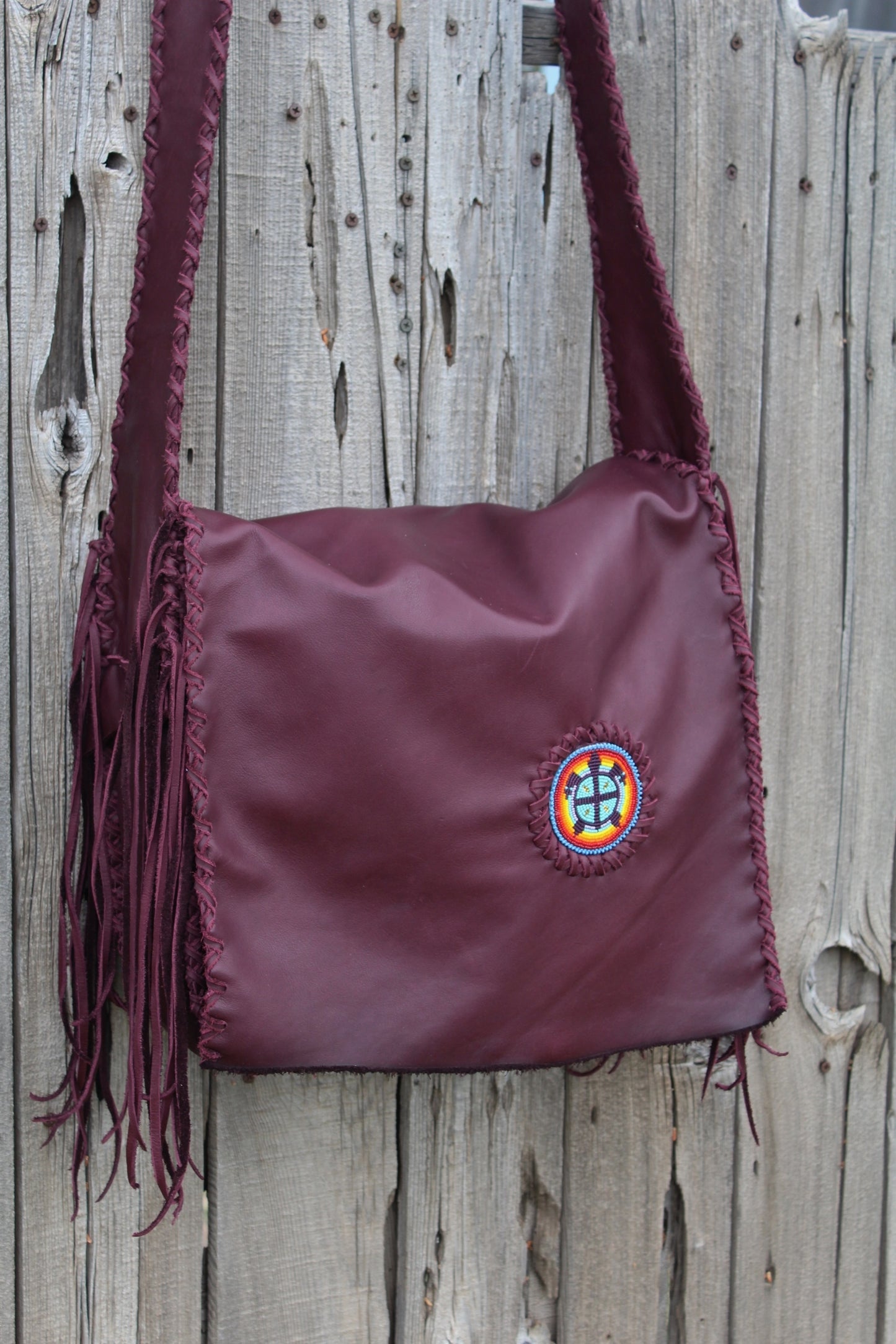 Burgundy leather messenger bag, beaded turtle handbag