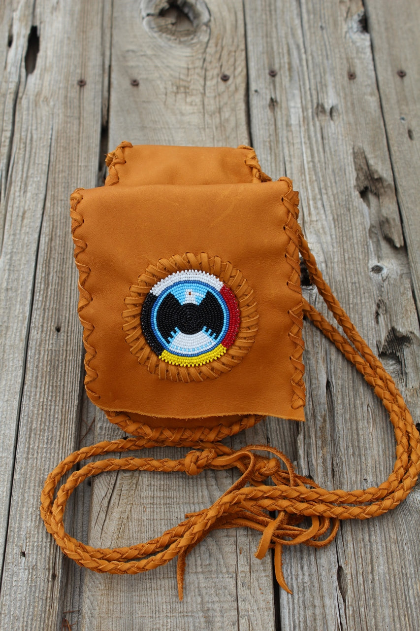 Leather hip bag with beaded eagle rosette, belt bag
