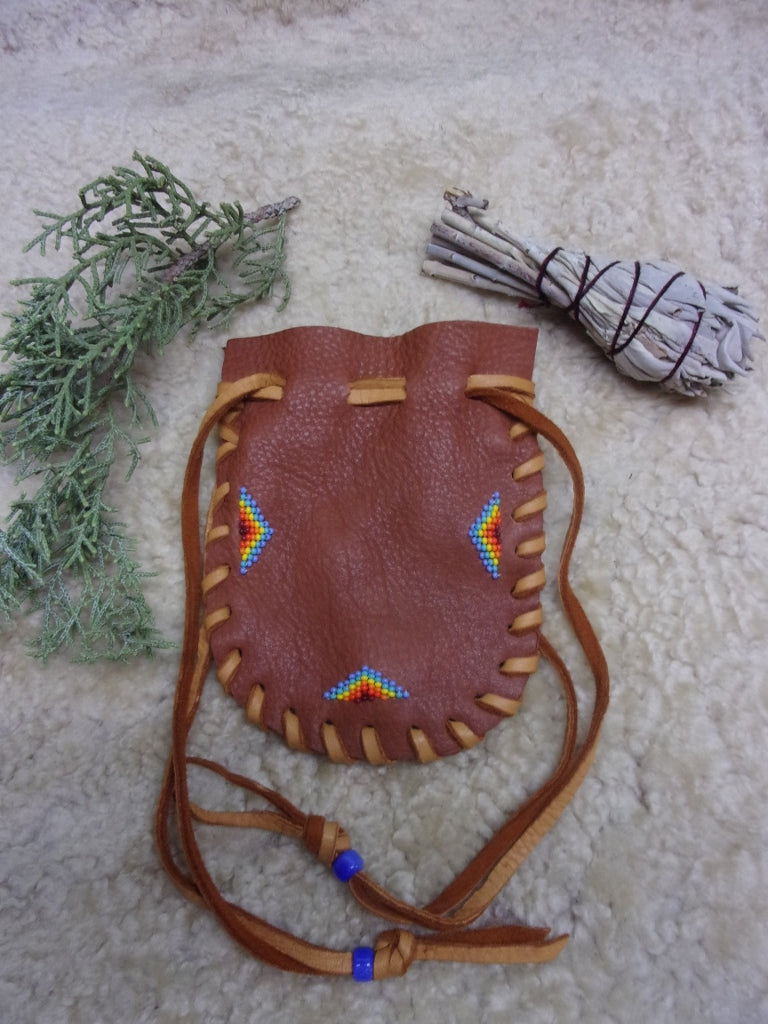 Beaded medicine bag, carved fetish bag, drawstring leather pouch, handmade amulet bag