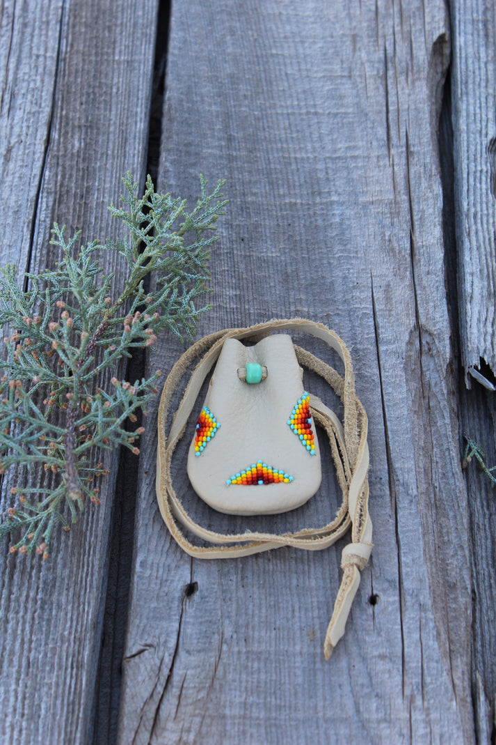 Beaded medicine bag, leather amulet bag Thunder Rose Leather