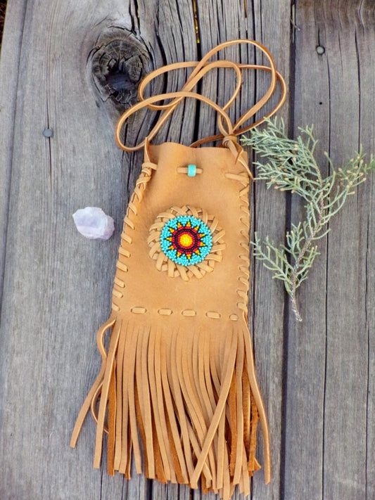 Fringed leather amulet bag, sunflower beadwork