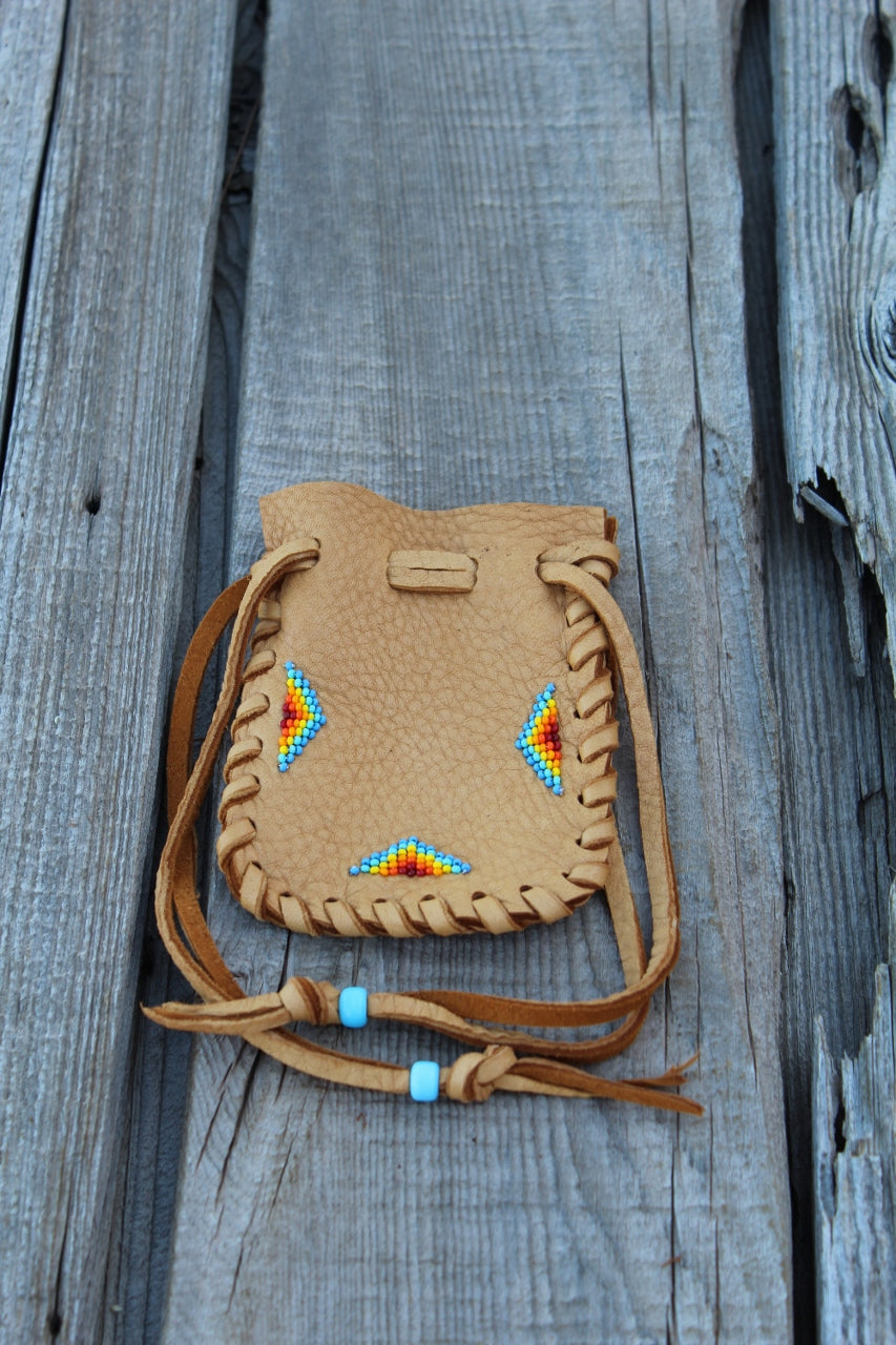 Beaded medicine bag, leather amulet bag, crystal bag