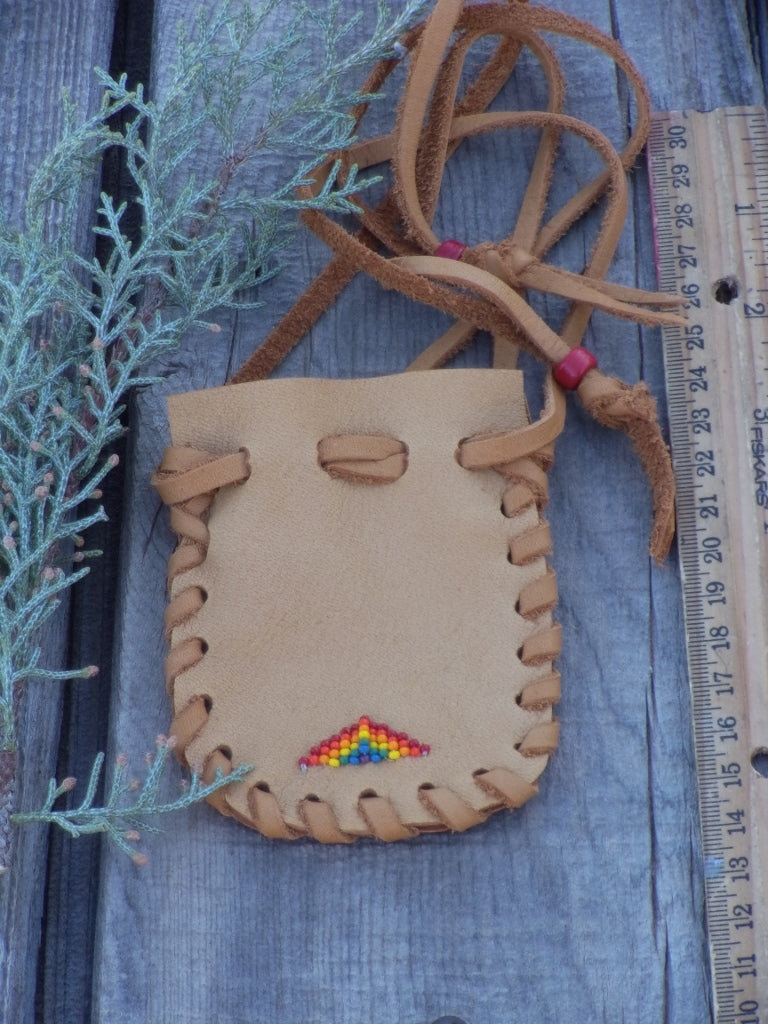 leather bag , beaded rainbow pouch, drawstring bag