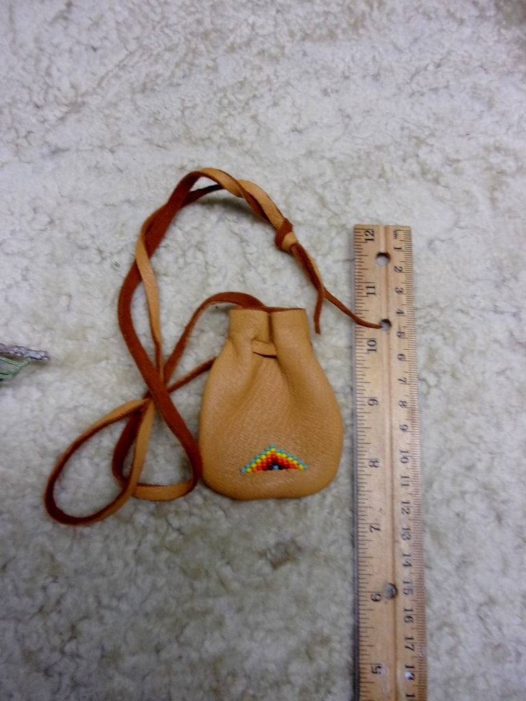Beaded medicine bag, necklace amulet bag, beaded rainbow bag, leather medicine pouch