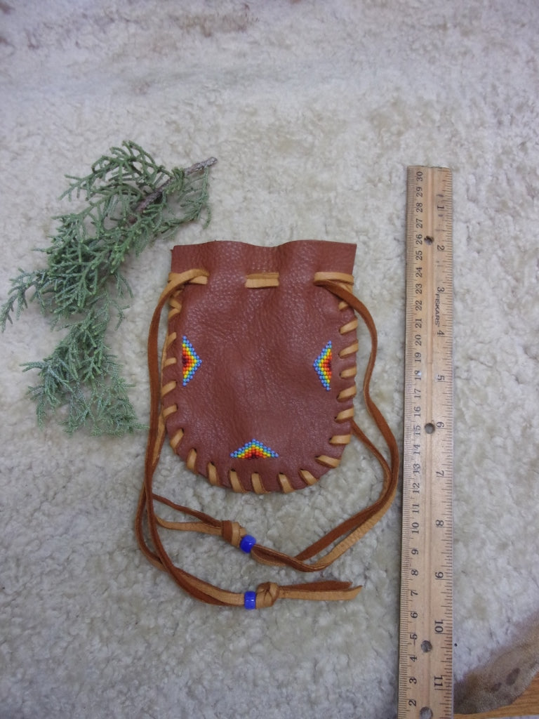 Beaded medicine bag, carved fetish bag, drawstring leather pouch, handmade amulet bag