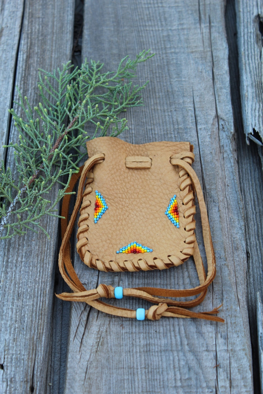 Beaded medicine bag, leather amulet bag, crystal bag