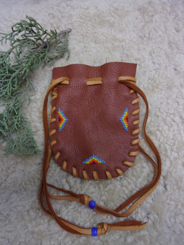 Beaded medicine bag, carved fetish bag, drawstring leather pouch, handmade amulet bag