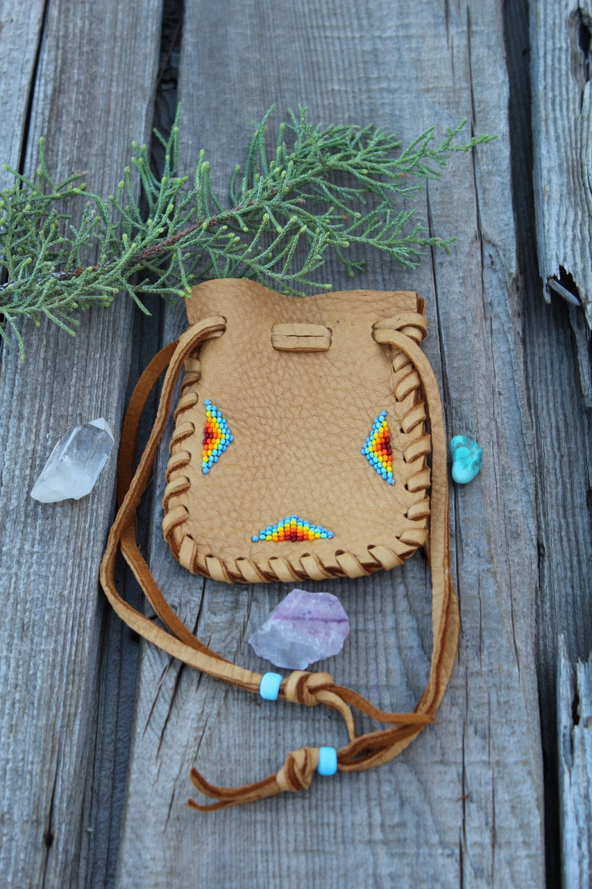 Beaded medicine bag, leather amulet bag, crystal bag