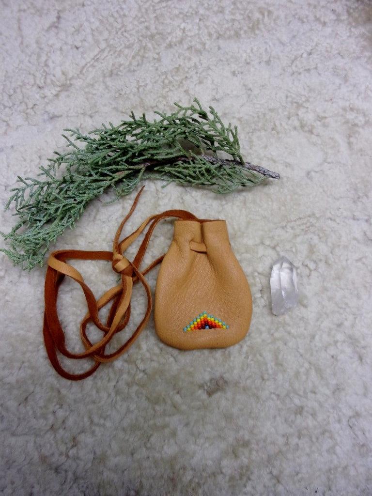 Beaded medicine bag, necklace amulet bag, beaded rainbow bag, leather medicine pouch