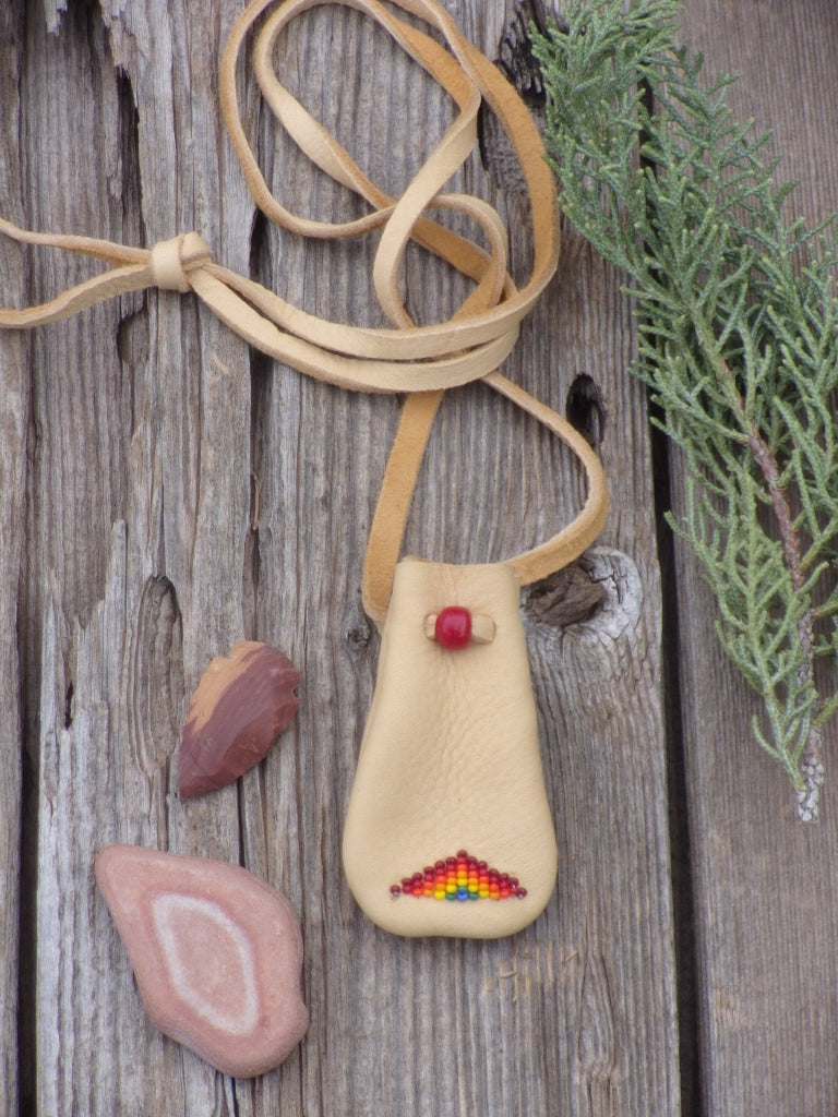 Beaded medicine bag, leather amulet bag, rainbow pouch