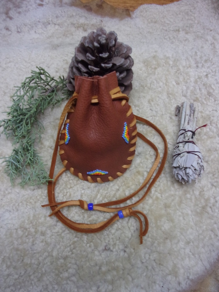 Beaded medicine bag, carved fetish bag, drawstring leather pouch, handmade amulet bag