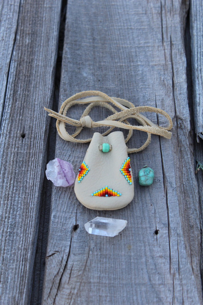 Beaded medicine bag, leather amulet bag Thunder Rose Leather