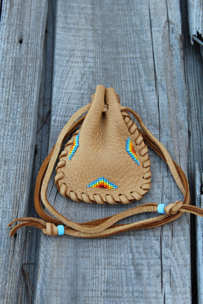 Beaded medicine bag, leather amulet bag, crystal bag