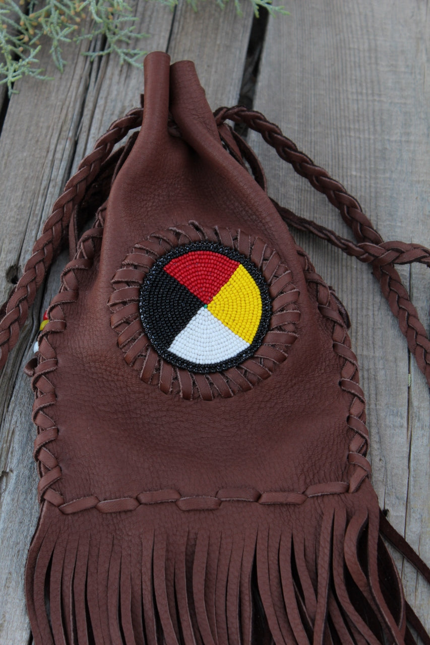 Fringed beaded medicine bag, four directions beadwork, buckskin leather bag