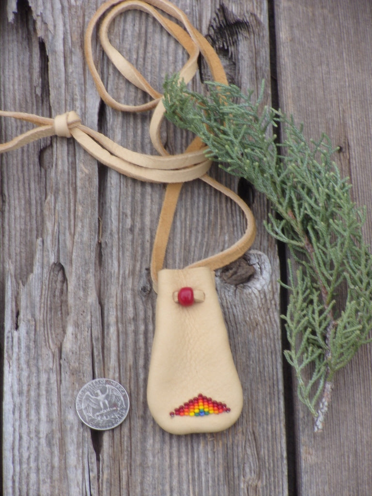 Beaded medicine bag, leather amulet bag, rainbow pouch