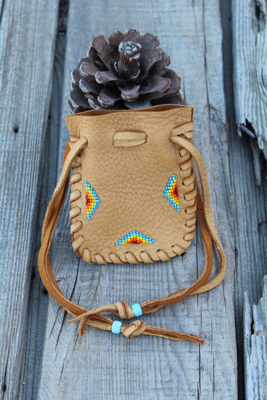 Beaded medicine bag, leather amulet bag, crystal bag