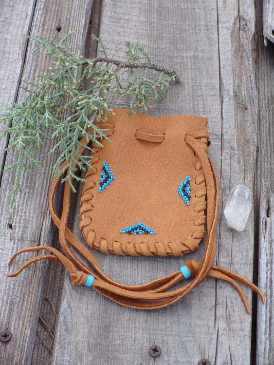 Beaded leather medicine bag, leather pouch